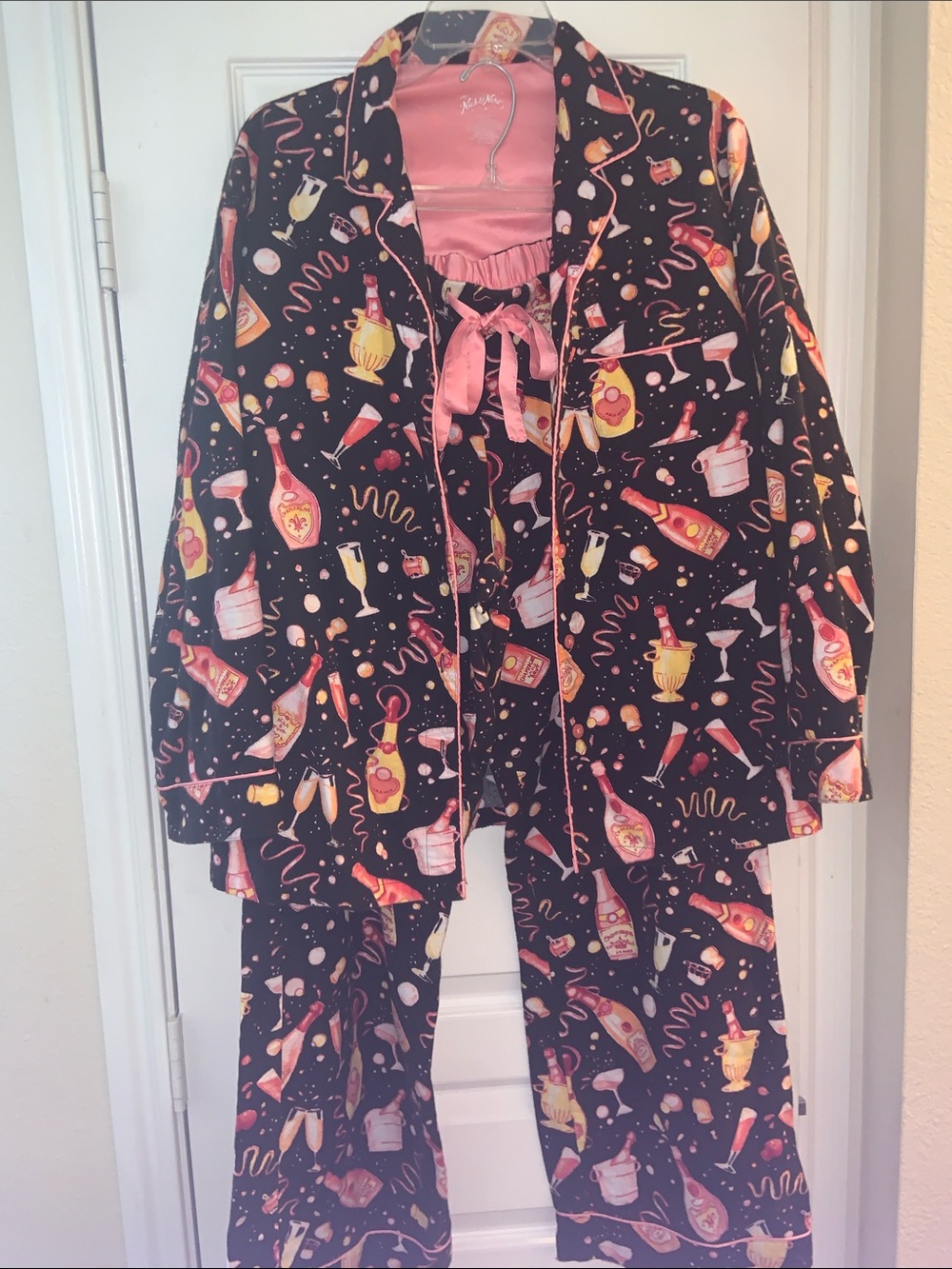 Nick & Nora Black Pajama Set with Pink Trim and Party Drink Print